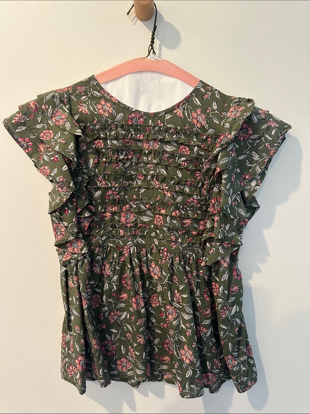 Sezane Olive Green Floral Ruffle top.